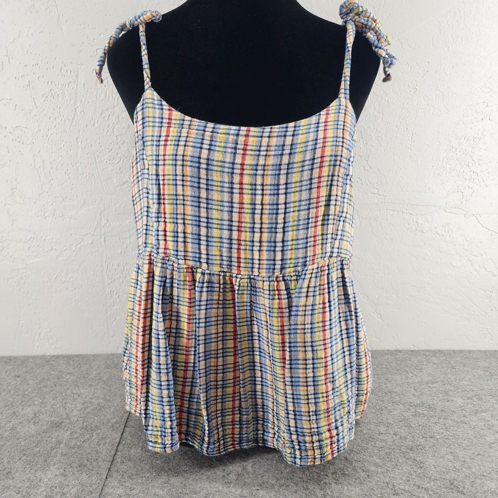 Old Navy Medium Blue Multicolor Plaid Tie Shoulder Peplum Cami Tank Top Womens
